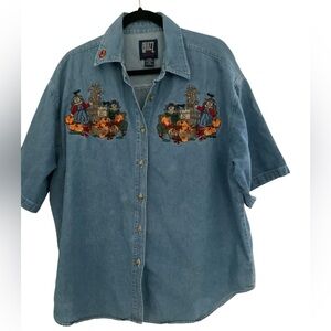 Quizz New York Denim Embroidered Button Up Shirt Women's Size 20 Pumpkin Vintage